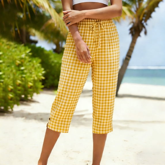 CQONEPT Women's Linen Loose Capris Pants Elastic Waist Cropped Pant Drawstring Casual Plaid Trousers with Pockets Yellow 2XL