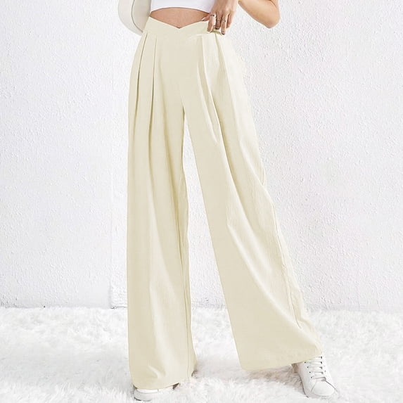 CQONEPT Women's Linen Pants with Pockets Wide Leg Casual Baggy Pant V Cross Waist Streetwear Trousers Beige M