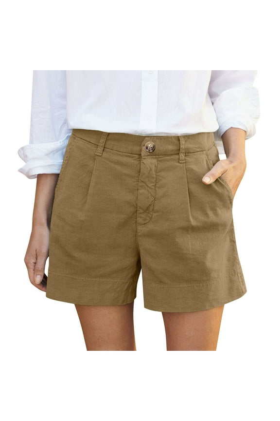 Women's Linen Shorts with Pockets Button Loose Fit Summer Pull on Outdoor Hiking Solid Short Pants Coffee 2XL