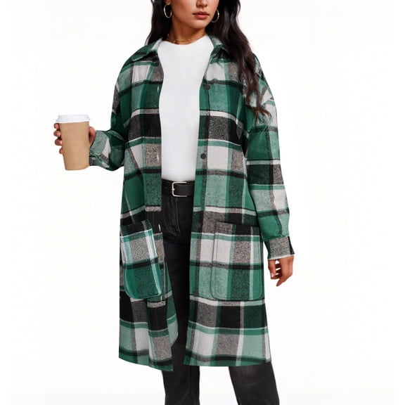 CQONEPT Women's Long Shacket Lapel Neck Plaid Button Down Jackets Coat Classic Fit Warm Winter Coat with Pockets Green 2XL