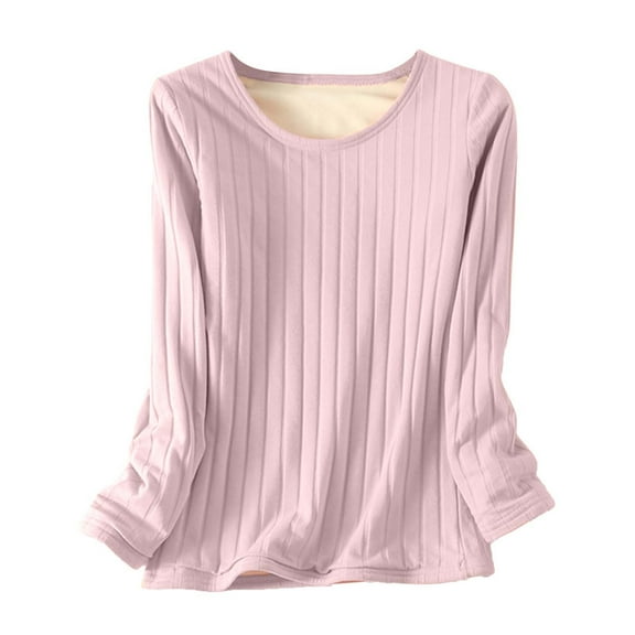 CQONEPT Women's Long Sleeve Pj Tops Crewneck Stripe Fleece Lined Tunic Tops Winter Warm Soft Pajama Shirts Pink M