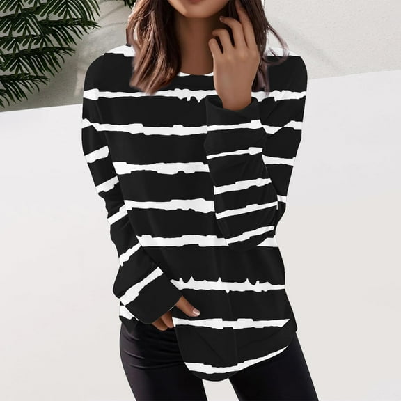 CQONEPT Women's Long Sleeve Pullover Tops Cute Fleece Lined Sweatshirts Stripe Outdoor Side Slit Clothes Black 2XL