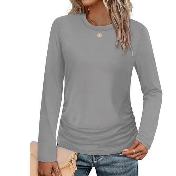 CQONEPT Women's Long Sleeve Shirts Crewneck Casual Loose Fit Tops Pleated Lightweight Tunic Tops Gray S