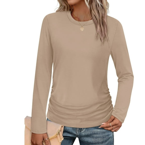 CQONEPT Women's Long Sleeve Shirts Crewneck Casual Loose Fit Tops Pleated Lightweight Tunic Tops Khaki L