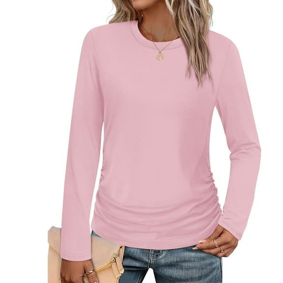 CQONEPT Women's Long Sleeve Shirts Crewneck Casual Loose Fit Tops Pleated Lightweight Tunic Tops Pink M