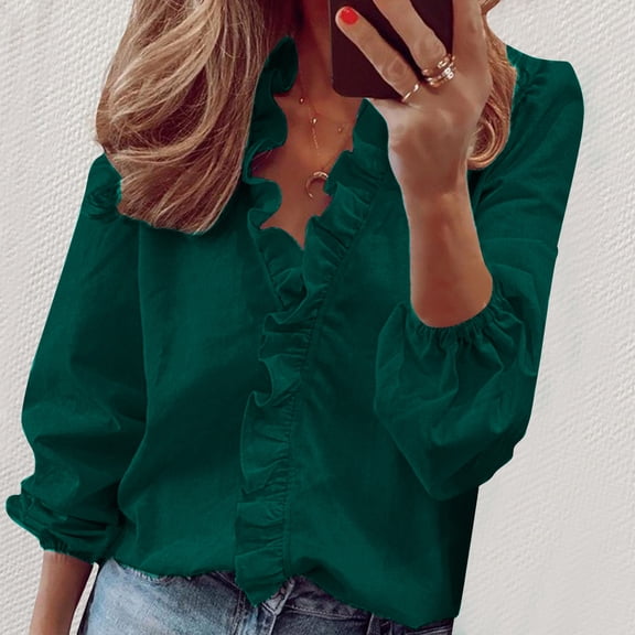 CQONEPT Women's Long Sleeve Shirts Plus Size Ruffl Tunic Tops Casual Fashion Blouse V Neck Outdoor Pullover Navy 2XL