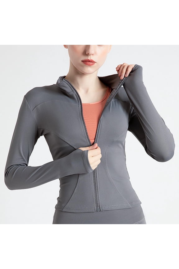 Women's Long Sleeve Shirts Turtleneck Zip Yoga Tops Compression Stretchy Tunic Tops Activewear Blouse with Thumb Holes Gray 2XL