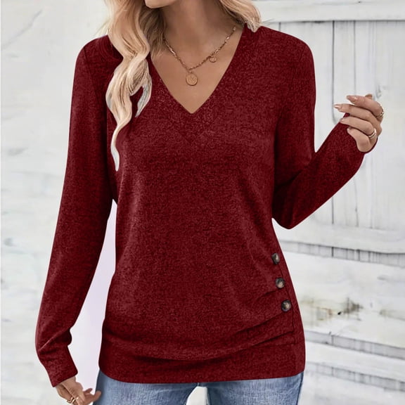 CQONEPT Women's Long Sleeve Tops Casual Skinny Undershitrts V Neck Lightweight Pullover Tops Fall Fashion Clothes Red 2XL