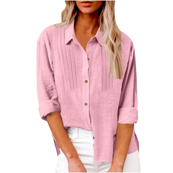 CQONEPT Women's Long Sleeve Tops Linen Cotton Lapel Neck Shirts Pleated Trendy Blouse Button Down Outdoor Tunic Tops Pink XL