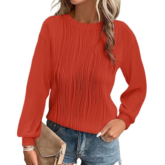 CQONEPT Women's Long Sleeve Tunic Tops Crewneck Ribbed Casual Loose Fit Work Slacks Rolled Up Blouse Orange XXL