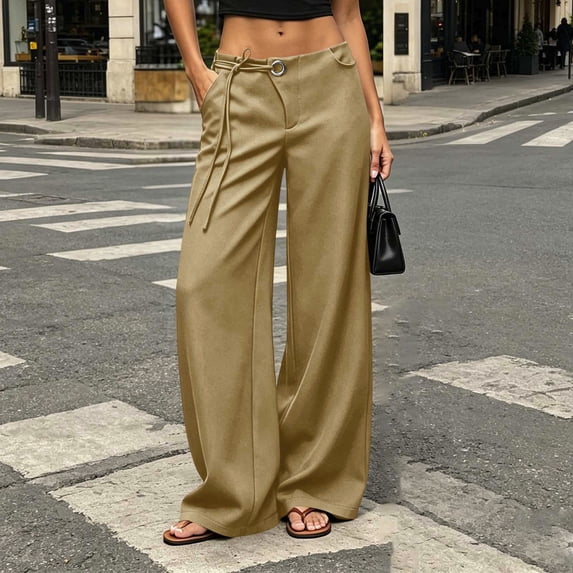 CQONEPT Women's Low Rise Going Out Dress Pants Drawstring Wide Leg Pant Work Slacks Pants Business Casual Trousers with Pockets Khaki S