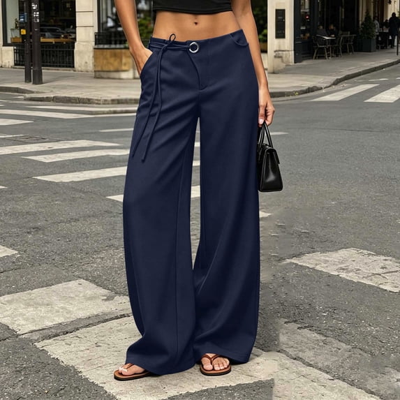 CQONEPT Women's Low Rise Going Out Dress Pants Drawstring Wide Leg Pant Work Slacks Pants Business Casual Trousers with Pockets Navy 2XL