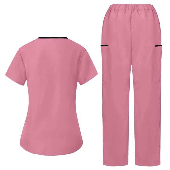 CQONEPT Women's Medical Scrubs Sets V Neck Medical Uniform Short Sleeve Comfy Work Nursing Outfit with Pocket Pink M