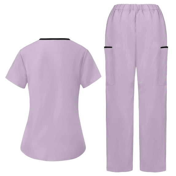CQONEPT Women's Medical Scrubs Sets V Neck Medical Uniform Short Sleeve Comfy Work Nursing Outfit with Pocket Purple S
