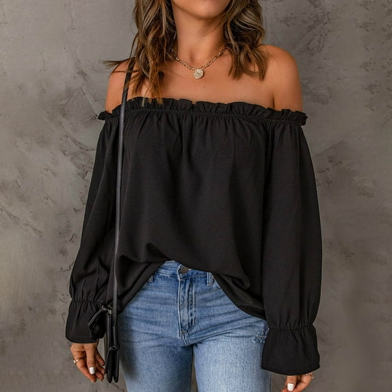 CQONEPT Women's Off Shoulder Shirts Ruched Long Sleeve Tops Casual Pullover Fashion Going Out Blouse Black L