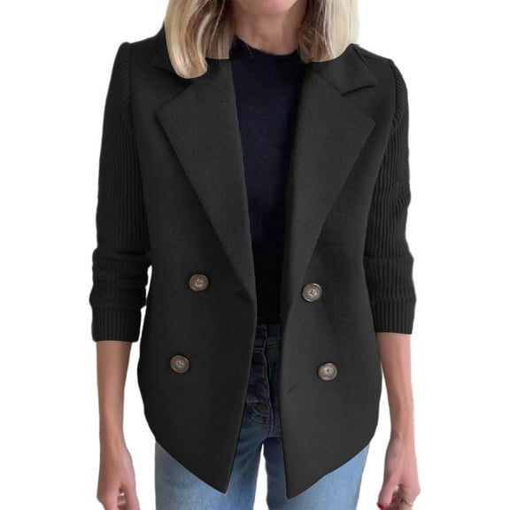 CQONEPT Women's Oversize Blazer Jacket Dress Work Overcoat Double Breasted Mid Long Peacoat Notched Collar Coats Black S