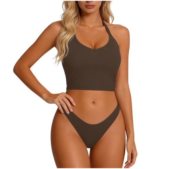 CQONEPT Women's Oversize Built in Bra Tank Crop Top Sleeveless Casual Cropped Shirts Racerback Slim Fitted Ribbed V Neck Tank Tops Brown 2XL