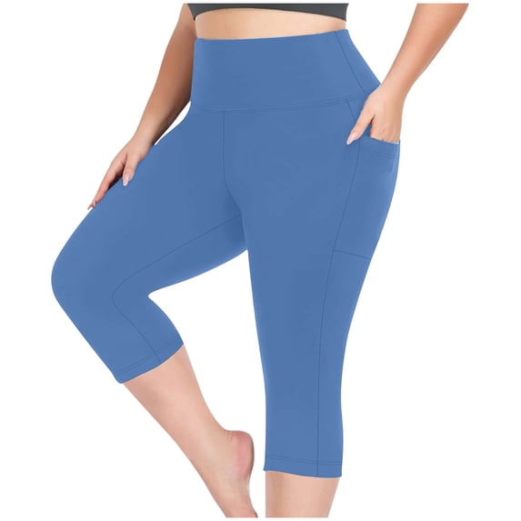CQONEPT Women's Oversize Capris Yoga Pants with Pockets Bootcut Leggings Tummy Control High Waist Casual Workouts Pant Blue 4XL
