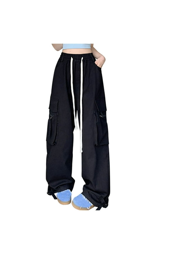 Women's Oversize Cargo Pants Casual Loose Fit Jogger Pant Drawstring Elastic Waist Pants with Multi Pockets Black XL