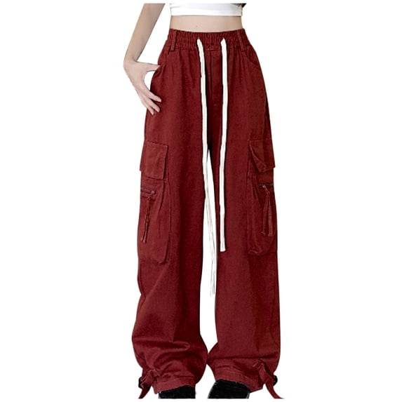 CQONEPT Women's Oversize Cargo Pants Casual Loose Fit Jogger Pant Drawstring Elastic Waist Pants with Multi Pockets Red M