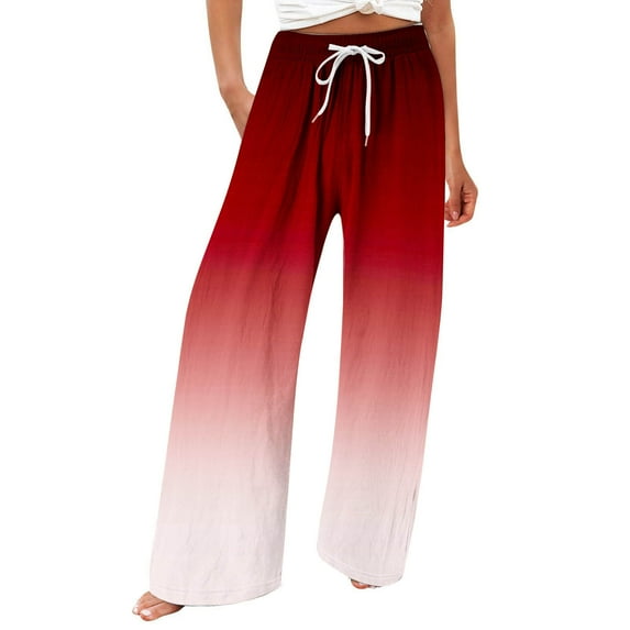 CQONEPT Women's Oversize Pants Color Block Wide Leg Pants Drawstring Casual Fashion Trousers with Pockets Red XL