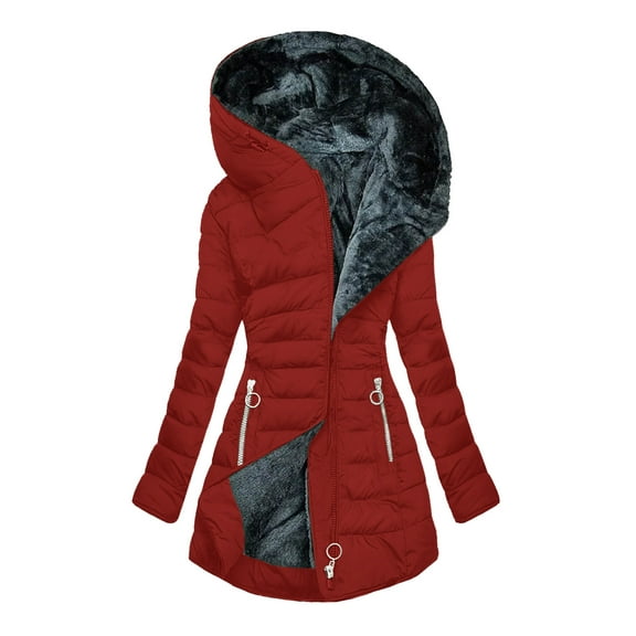 CQONEPT Women's Oversize Puff Padded Fleece Lined Hooded Jacket Insulated Peacoat Waterproof Raincoat with Pockets Red L