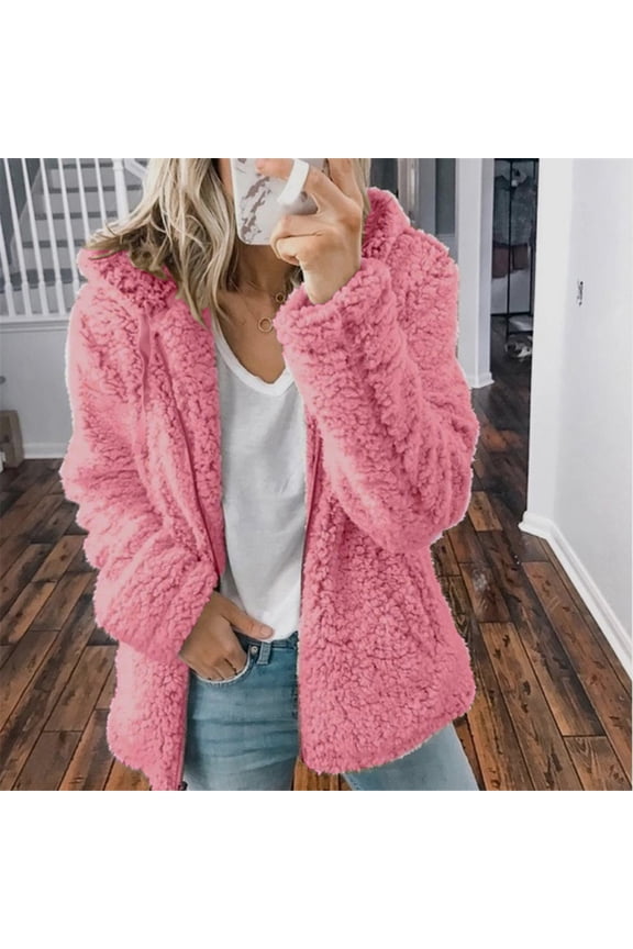 Women's Oversize Sherpa Fleece Overcoat Faux Shearling Jackets Full Zip Hooded Coats Fuzzy Warm Drawstring Outerwear Pink 5XL