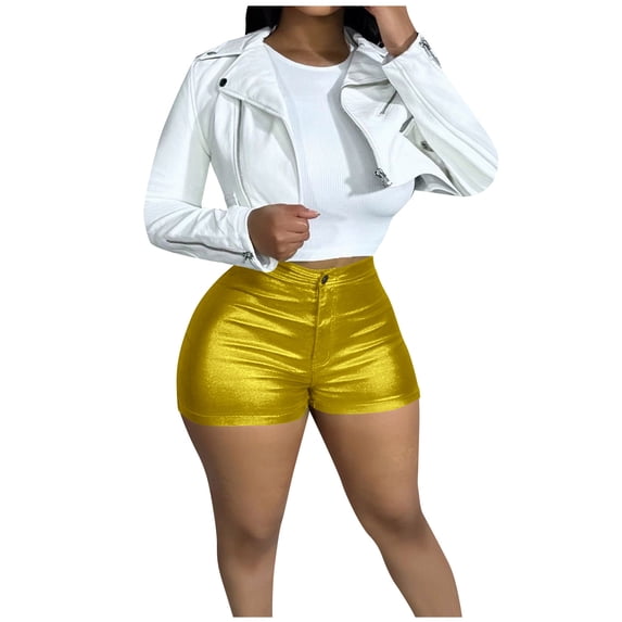 CQONEPT Women's Oversize Sparkly Shorts Candy Color Fashion Short Pants Tighting Fiting Clubwear Tight Shorts Gold L