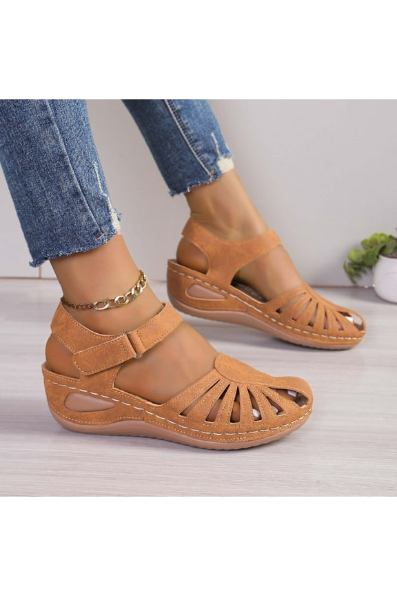Women's PU Leather Closed Toe Orthopedic Sandals Vintage Anti-Slip Cross Belt Wedge Rome Sandals with Ankle Strap Gladiator Outdoor Hollow Out Sandals Size 6.5 Brown