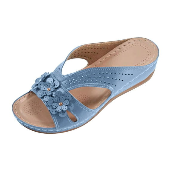 CQONEPT Women's PU Leather Closed Toe Orthopedic Sandals Vintage Anti-Slip Cross Belt Wedge Rome Sandals with Ankle Strap Gladiator Outdoor Hollow Out Sandals Sky Blue Size 8