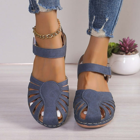 CQONEPT Women's PU Leather Closed Toe Orthopedic Sandals Vintage Anti-Slip Cross Belt Wedge Rome Sandals with Ankle Strap Gladiator Outdoor Hollow Out Sandals Size 8.5 Blue