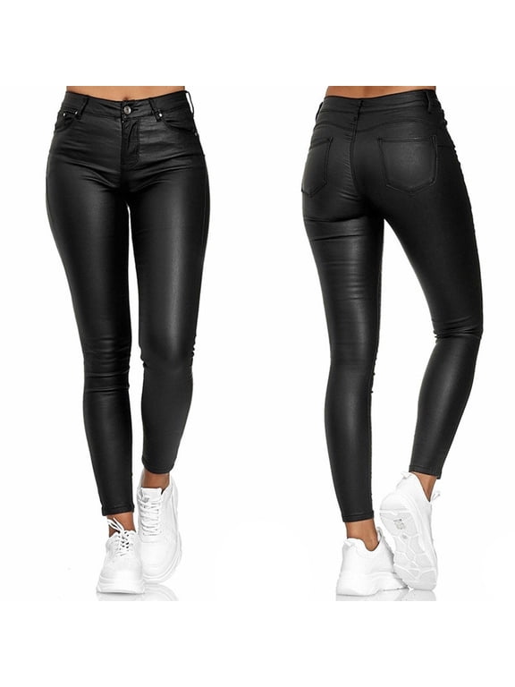 Women's PU Leather Pant High Waist Tighting Fiting Lerisure Pants Fashion Skinny Leg Trousers with Pockets Black S