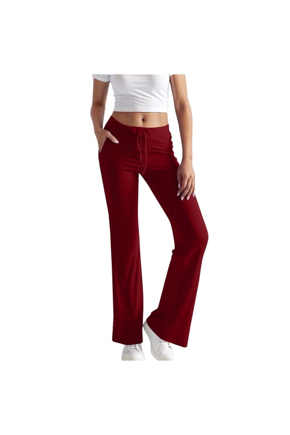 Women's Pant with Pockets High Waist Flared Yoga Pants Stretchy Wide Leg Pant Leggings Gym Work Trousers Red 2XL