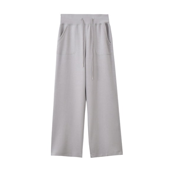 CQONEPT Women's Pants Wide Leg Baggy Casual Drawstring Pants High Waist Lightweight Trendy Trousers with Pockets Gray XL