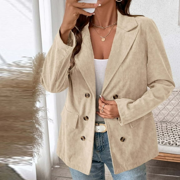 CQONEPT Women's Peacoat Mid Long Notched Collar Jacket Double Breasted Overcoat Open Front Winter Coats with Pockets Beige M