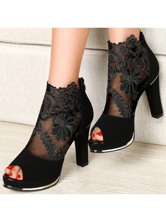 Women's Peep Toe Dance Stilettos High Heels Sandals Fashion Sexy Lace Sandal Booties Dress Ladies Dress Pumps Ankle Booties Size 6 Black