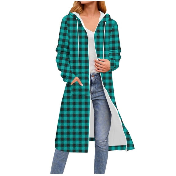 CQONEPT Women's Plaid Shacket Oversized Button Down Hoodie Jacket Navy M