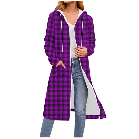 CQONEPT Women's Plaid Shacket Oversized Button Down Hoodie Jacket Purple S