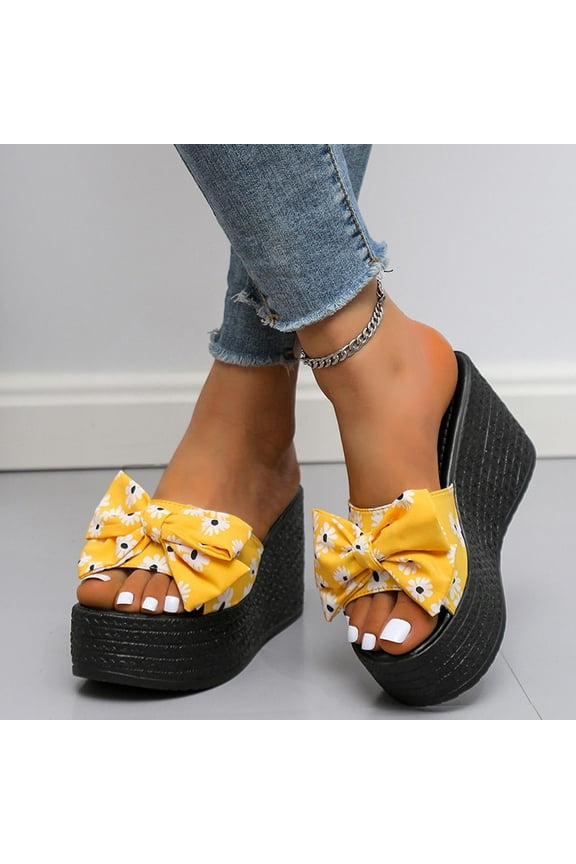 Women's Platform Sandals Comfortable Open Toe Slip On Wedge Slides Summer Casual Flatform Chunky Sandals Size 4.5 Yellow