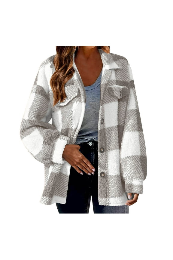Women's Plus Size Flannel Shacket Button Down Jacket Coats Plaid Lapel Neck Shirts Fleece Classic Clothes with Pockets Gray 浅灰色023 XL