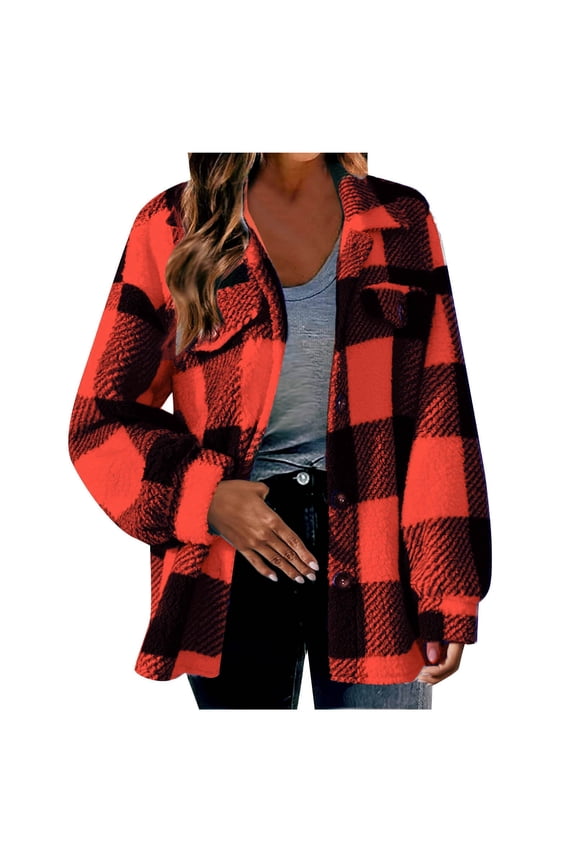 Women's Plus Size Flannel Shacket Button Down Jacket Coats Plaid Lapel Neck Shirts Fleece Classic Clothes with Pockets Red S