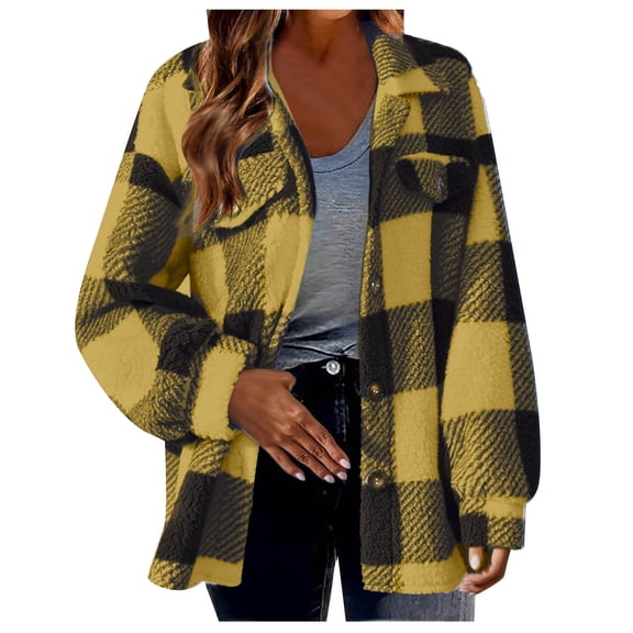 CQONEPT Women's Plus Size Flannel Shacket Button Down Jacket Coats Plaid Lapel Neck Shirts Fleece Classic Clothes with Pockets Yellow S