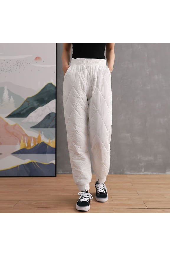 Women's Plus Size Padded Pants Casual Quilted Puffer Down Pant Elastic Waisted Thermal Winter Pants with Pockets White M