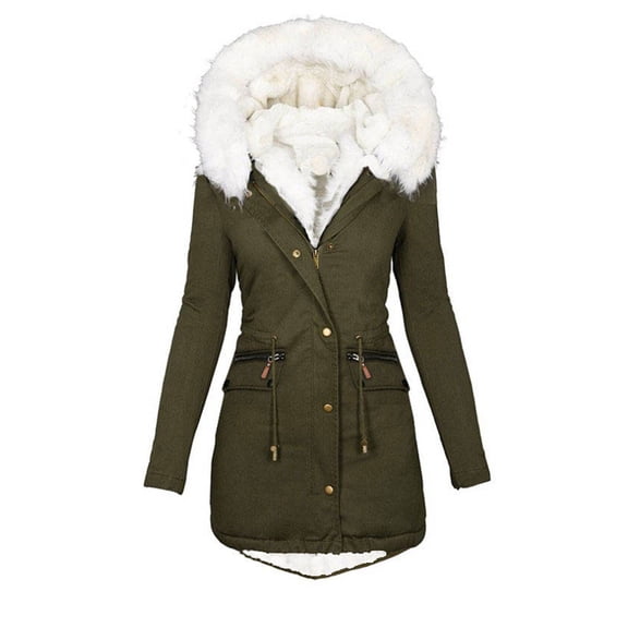 CQONEPT Women's Plus Size Padded Quilted Puffer Jacket Hoodie Full Zip Adjustable Waist Overcoat Thicken Fleece Coats with Pockets Army Green 4XL