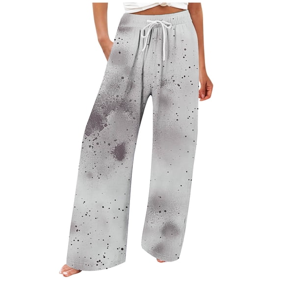 CQONEPT Women's Printed Pants Elastic Waist Wide Leg Pants Drawstring Comfortable Loose Lounge Fashion Pants Gray XL