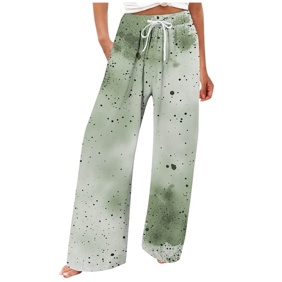 CQONEPT Women's Printed Pants Elastic Waist Wide Leg Pants Drawstring Comfortable Loose Lounge Fashion Pants Green L