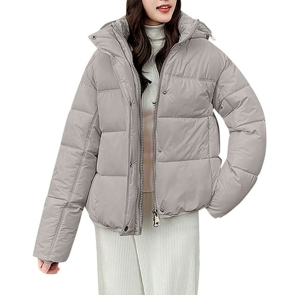 CQONEPT Women's Puff Padded Coats Full Zip Up Hoodie Jacket Quilted Puffer Down Overcoat Insulated Winter Coats with Pockets Gray M