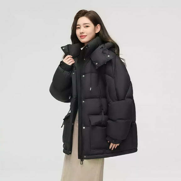 CQONEPT Women's Puff Padded Zipper Lapel Neck Puffer Jacket Quilted Down Coats Thicken Outerwear with Pockets Black XL