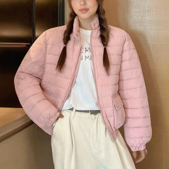 CQONEPT Women's Puffer Jacket Full Zip Up Down Coats Quilted Insulated Overcoat Cozy Soft Winter Clothes with Pockets Pink L