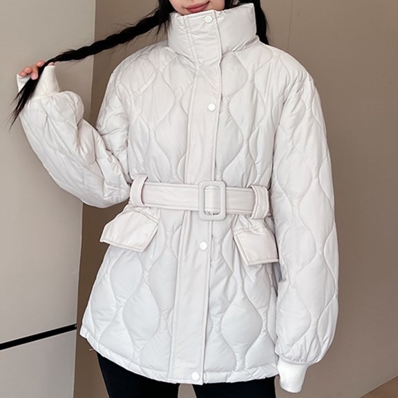 CQONEPT Women's Puffer Jacket Turtleneck Puffer Quilted Down Coats Thicken Cozy Soft Overcoat Winter Clothes with Belt White S